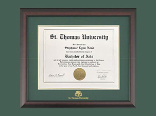 A photo of a St. Thomas University diploma in a ҹav-branded frame